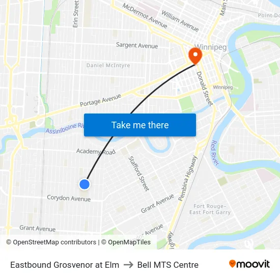 Eastbound Grosvenor at Elm to Bell MTS Centre map