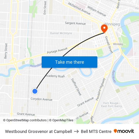 Westbound Grosvenor at Campbell to Bell MTS Centre map