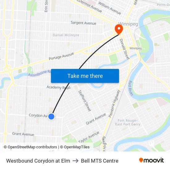 Westbound Corydon at Elm to Bell MTS Centre map