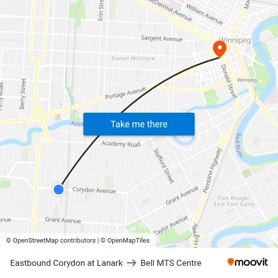 Eastbound Corydon at Lanark to Bell MTS Centre map