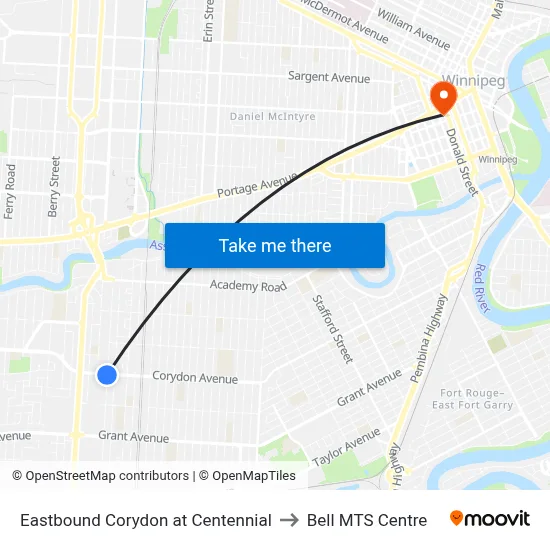 Eastbound Corydon at Centennial to Bell MTS Centre map