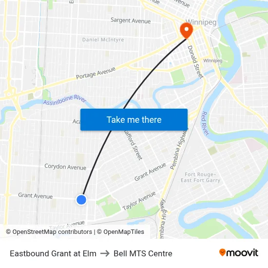 Eastbound Grant at Elm to Bell MTS Centre map