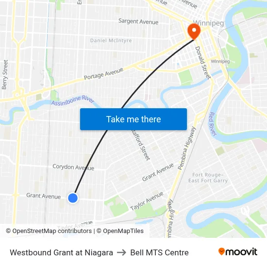 Westbound Grant at Niagara to Bell MTS Centre map