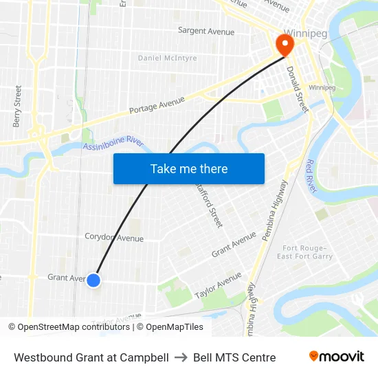 Westbound Grant at Campbell to Bell MTS Centre map