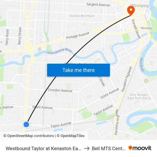 Westbound Taylor at Kenaston East to Bell MTS Centre map