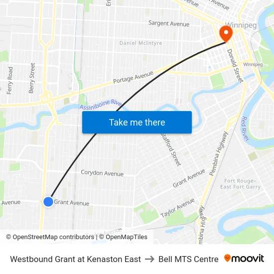 Westbound Grant at Kenaston East to Bell MTS Centre map