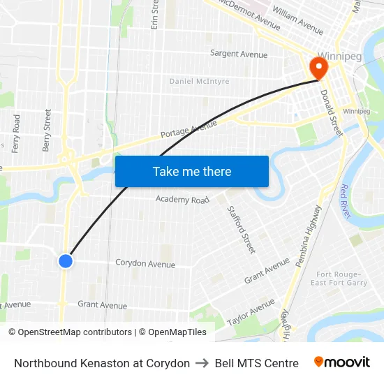 Northbound Kenaston at Corydon to Bell MTS Centre map