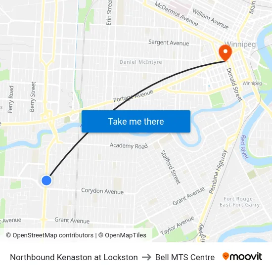 Northbound Kenaston at Lockston to Bell MTS Centre map