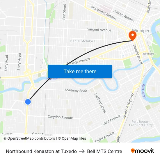 Northbound Kenaston at Tuxedo to Bell MTS Centre map