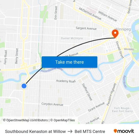 Southbound Kenaston at Willow to Bell MTS Centre map