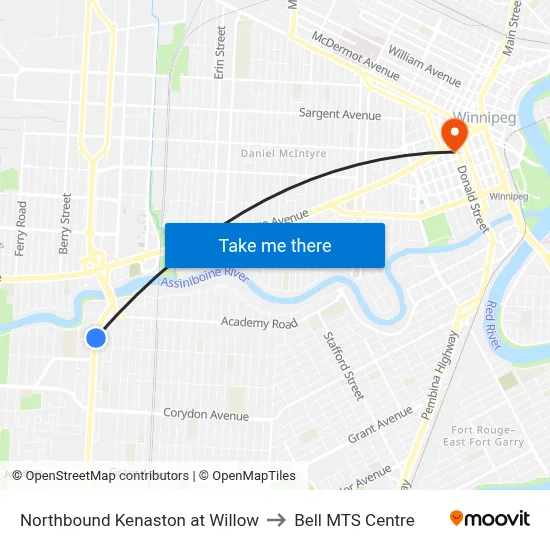Northbound Kenaston at Willow to Bell MTS Centre map