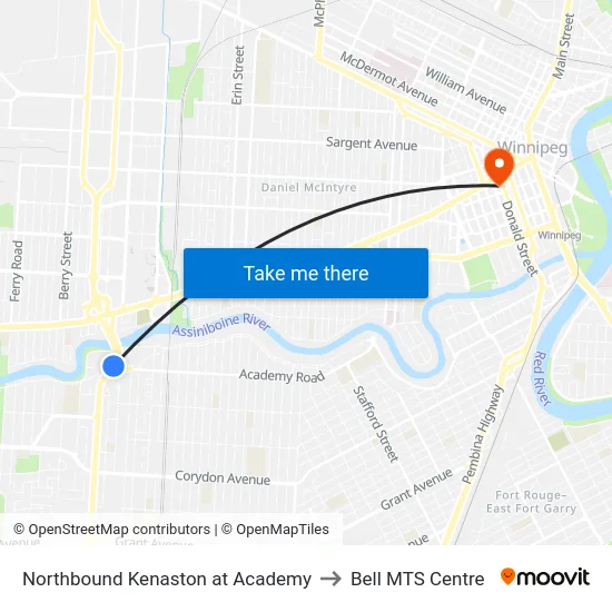 Northbound Kenaston at Academy to Bell MTS Centre map
