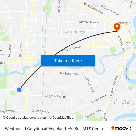 Westbound Corydon at Edgeland to Bell MTS Centre map