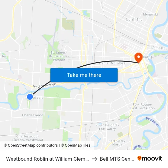 Westbound Roblin at William Clement to Bell MTS Centre map