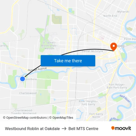 Westbound Roblin at Oakdale to Bell MTS Centre map