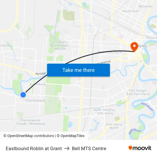 Eastbound Roblin at Grant to Bell MTS Centre map