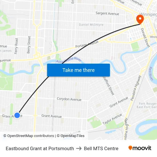 Eastbound Grant at Portsmouth to Bell MTS Centre map