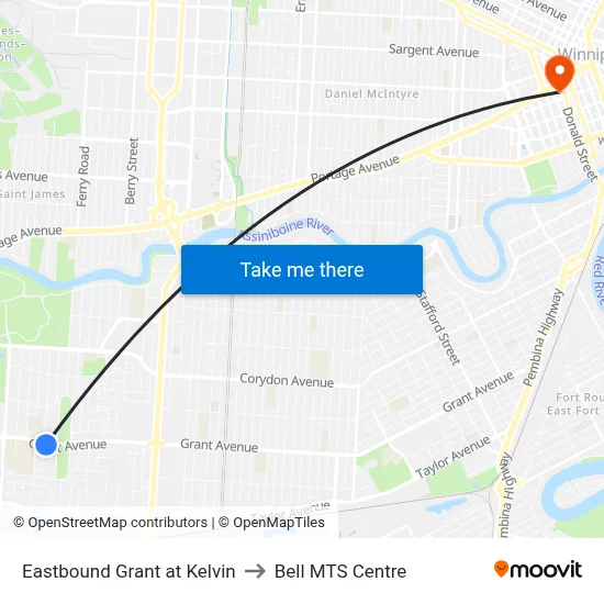 Eastbound Grant at Kelvin to Bell MTS Centre map