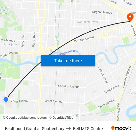 Eastbound Grant at Shaftesbury to Bell MTS Centre map