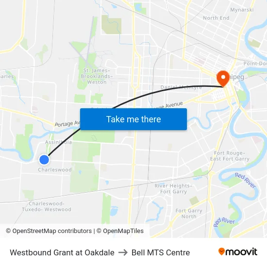 Westbound Grant at Oakdale to Bell MTS Centre map