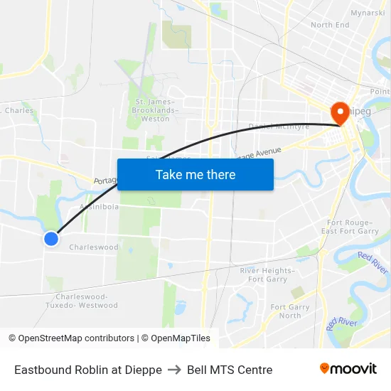 Eastbound Roblin at Dieppe to Bell MTS Centre map