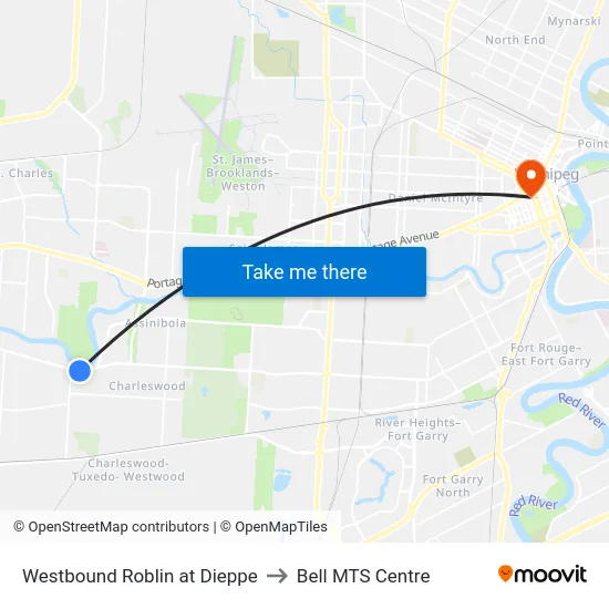 Westbound Roblin at Dieppe to Bell MTS Centre map