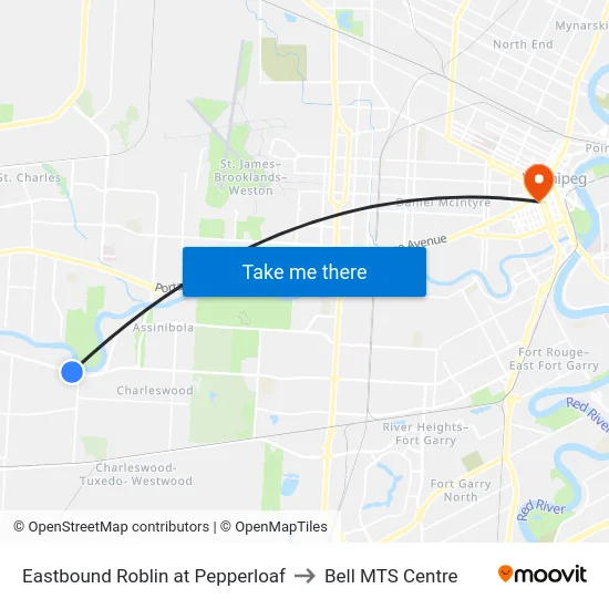 Eastbound Roblin at Pepperloaf to Bell MTS Centre map