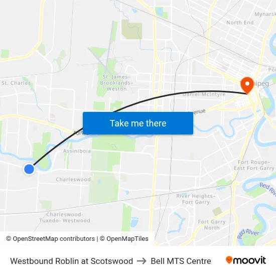 Westbound Roblin at Scotswood to Bell MTS Centre map