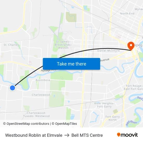 Westbound Roblin at Elmvale to Bell MTS Centre map