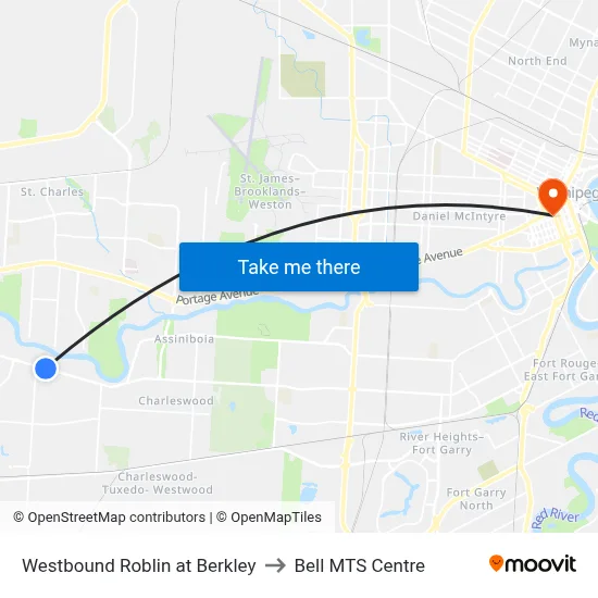 Westbound Roblin at Berkley to Bell MTS Centre map