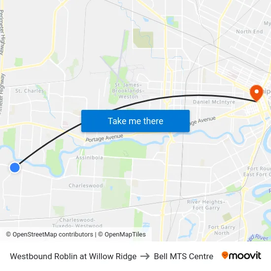 Westbound Roblin at Willow Ridge to Bell MTS Centre map