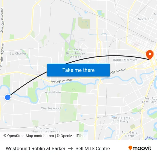 Westbound Roblin at Barker to Bell MTS Centre map