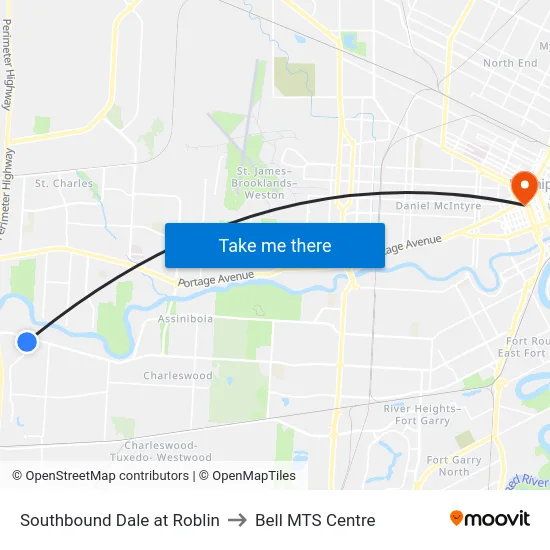 Southbound Dale at Roblin to Bell MTS Centre map
