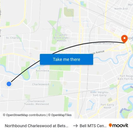 Northbound Charleswood at Betsworth to Bell MTS Centre map