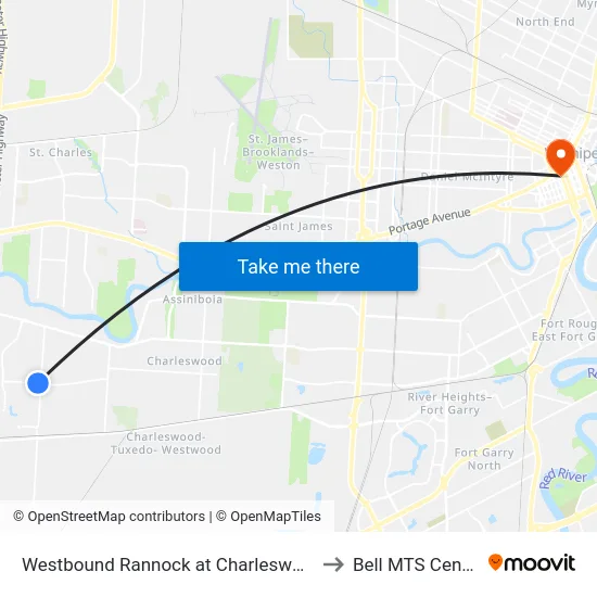 Westbound Rannock at Charleswood to Bell MTS Centre map