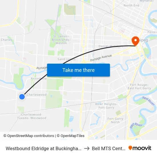 Westbound Eldridge at Buckingham to Bell MTS Centre map