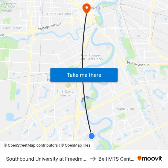 Southbound University at Freedman to Bell MTS Centre map