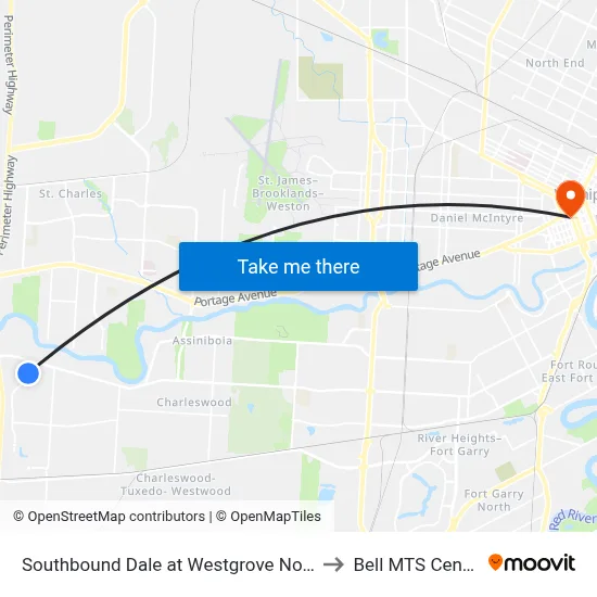 Southbound Dale at Westgrove North to Bell MTS Centre map