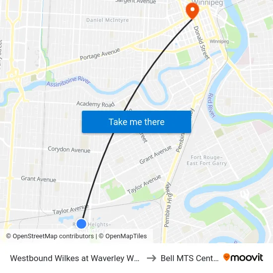 Westbound Wilkes at Waverley West to Bell MTS Centre map
