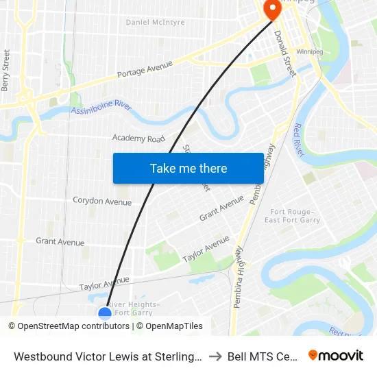 Westbound Victor Lewis at Sterling Lyon to Bell MTS Centre map