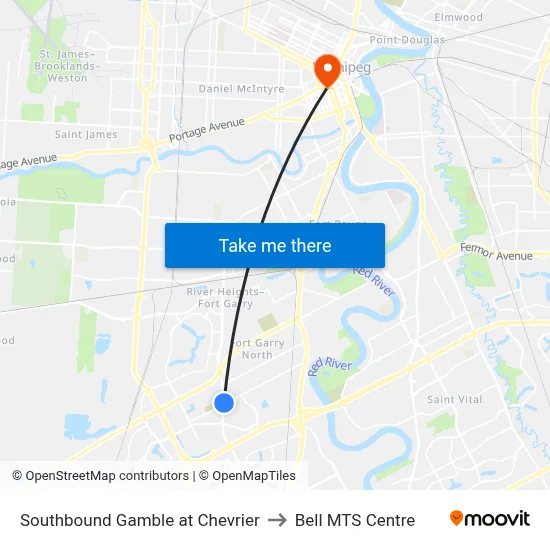 Southbound Gamble at Chevrier to Bell MTS Centre map