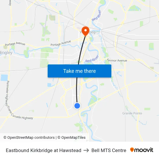 Eastbound Kirkbridge at Hawstead to Bell MTS Centre map