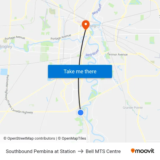 Southbound Pembina at Station to Bell MTS Centre map