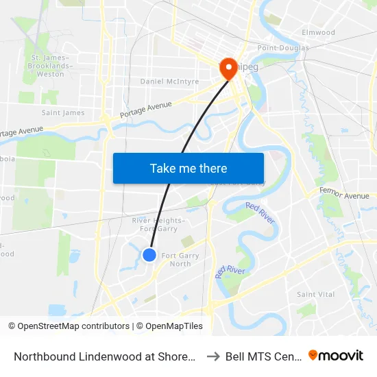 Northbound Lindenwood at Shorecrest to Bell MTS Centre map