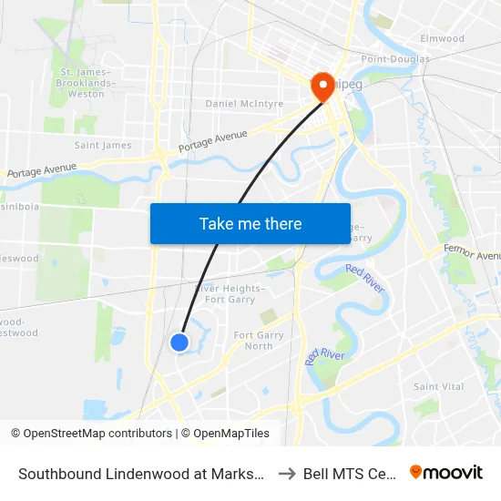Southbound Lindenwood at Marksbridge to Bell MTS Centre map