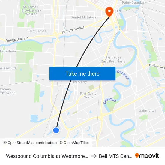 Westbound Columbia at Westmoreland to Bell MTS Centre map
