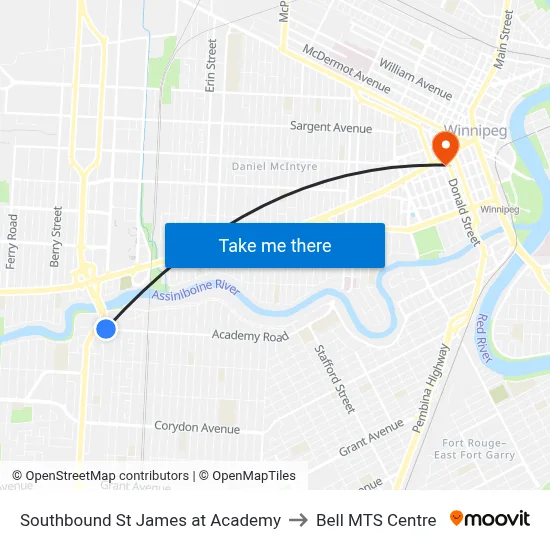Southbound St James at Academy to Bell MTS Centre map