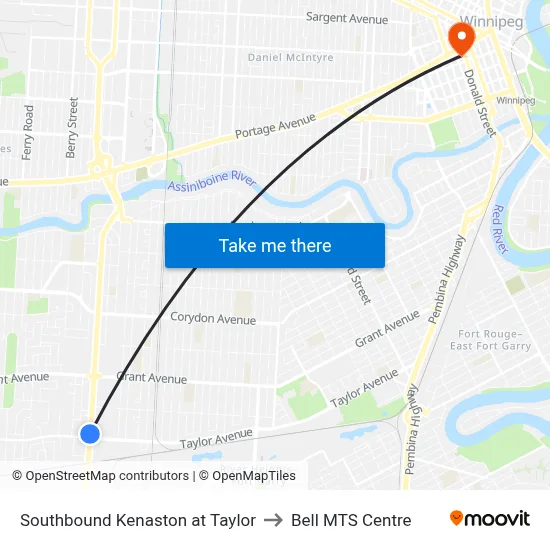 Southbound Kenaston at Taylor to Bell MTS Centre map