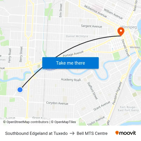 Southbound Edgeland at Tuxedo to Bell MTS Centre map