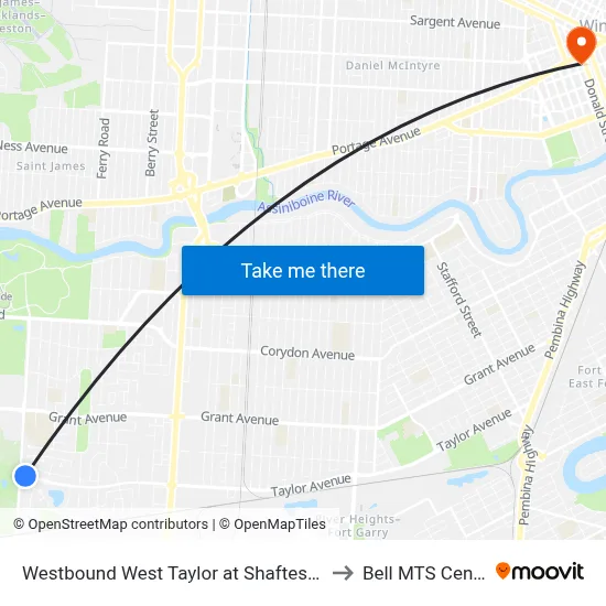 Westbound West Taylor at Shaftesbury to Bell MTS Centre map